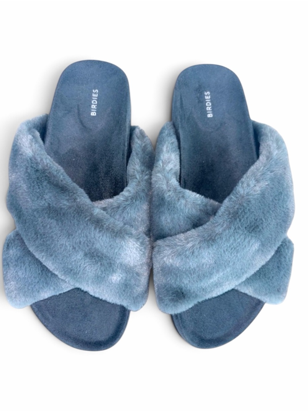 Birdies The Robin Blue Teal Faux Fur Criss Cross Slide Slippers Size 7